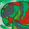 Colourful Gouache Painting created of an African Grey Parrot named Peanut in the 4 main colours of dark green, red, light green and grey.