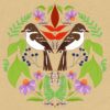 Folk Bird Poster Design with 2 brown and white birds facing away from each other and decorated with floral and leaf imagery in a circular shape around the birds.
