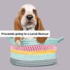 Digital illustration of a Basset Hound Puppy sitting inside multicoloured Basket